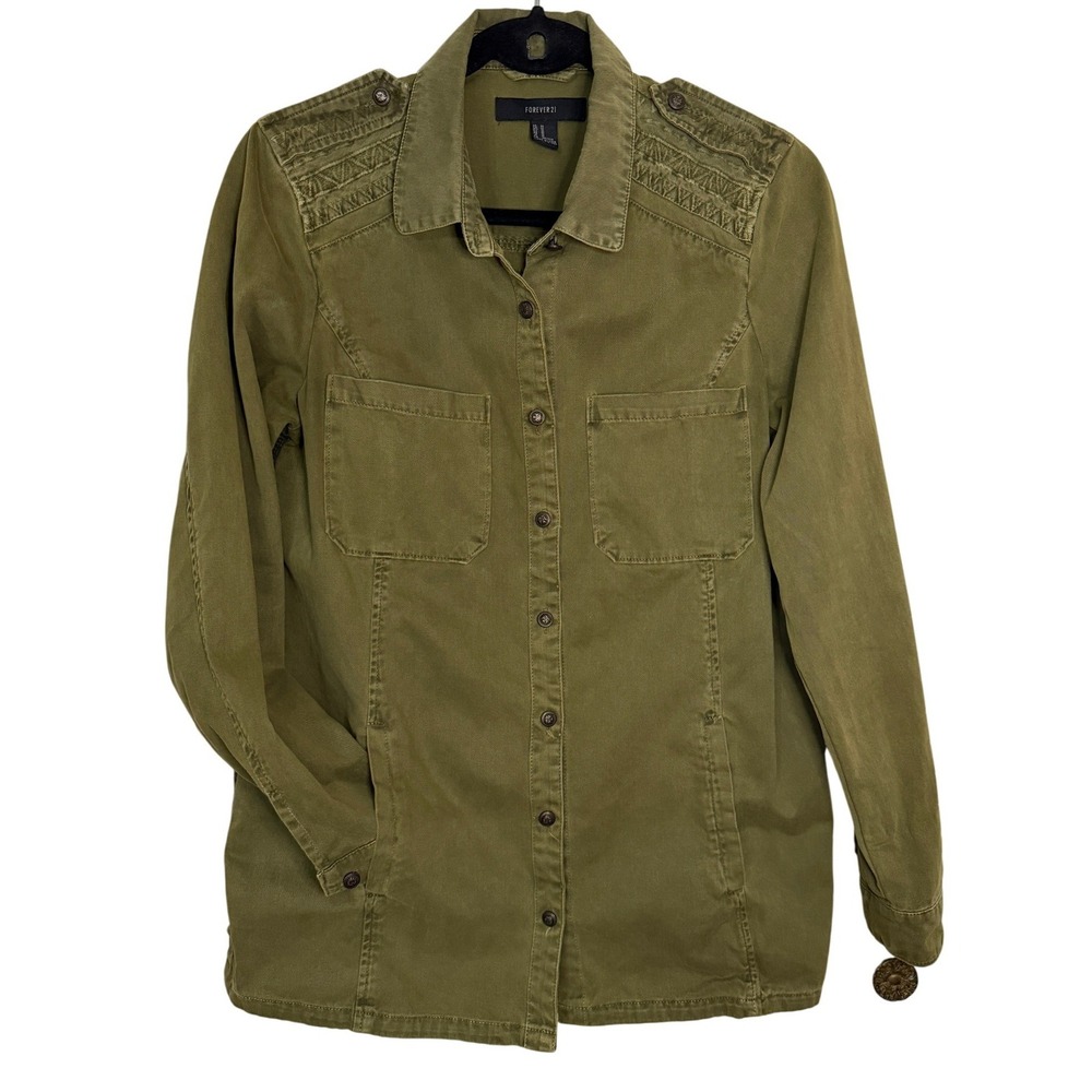 Olive Green Field Jacket Womens M Military M65 Style Utility Epaulets‎ Pockets